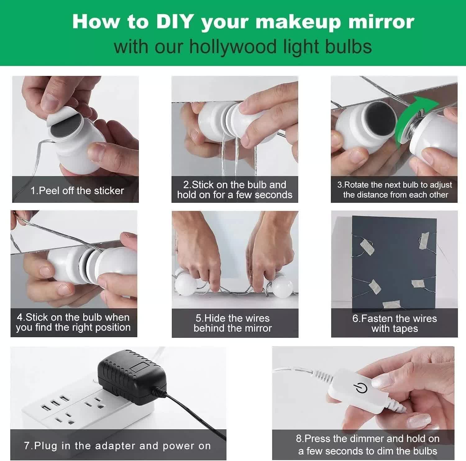 Hollywood LED Vanity Mirror Lights Kit,Stick on Dimmable Makeup Lights, 12V Mirror Lighting Strip Fixture for V1171-CC-BQKBND010