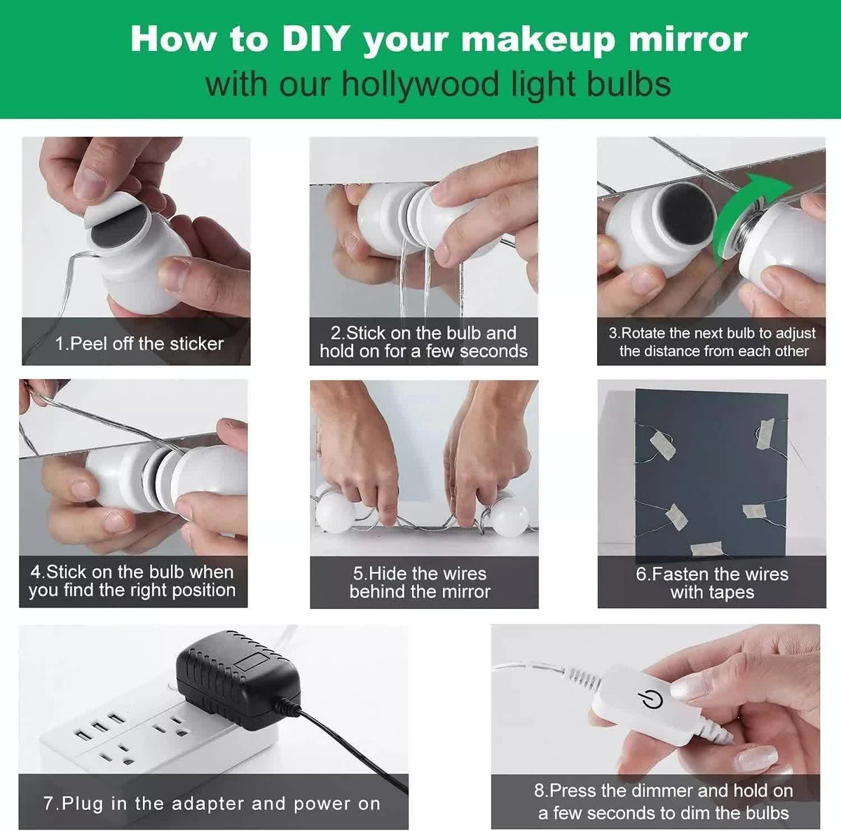 Hollywood LED Vanity Mirror Lights Kit,Stick on Dimmable Makeup Lights, 12V Mirror Lighting Strip Fixture for V1171-CC-BQKBND010