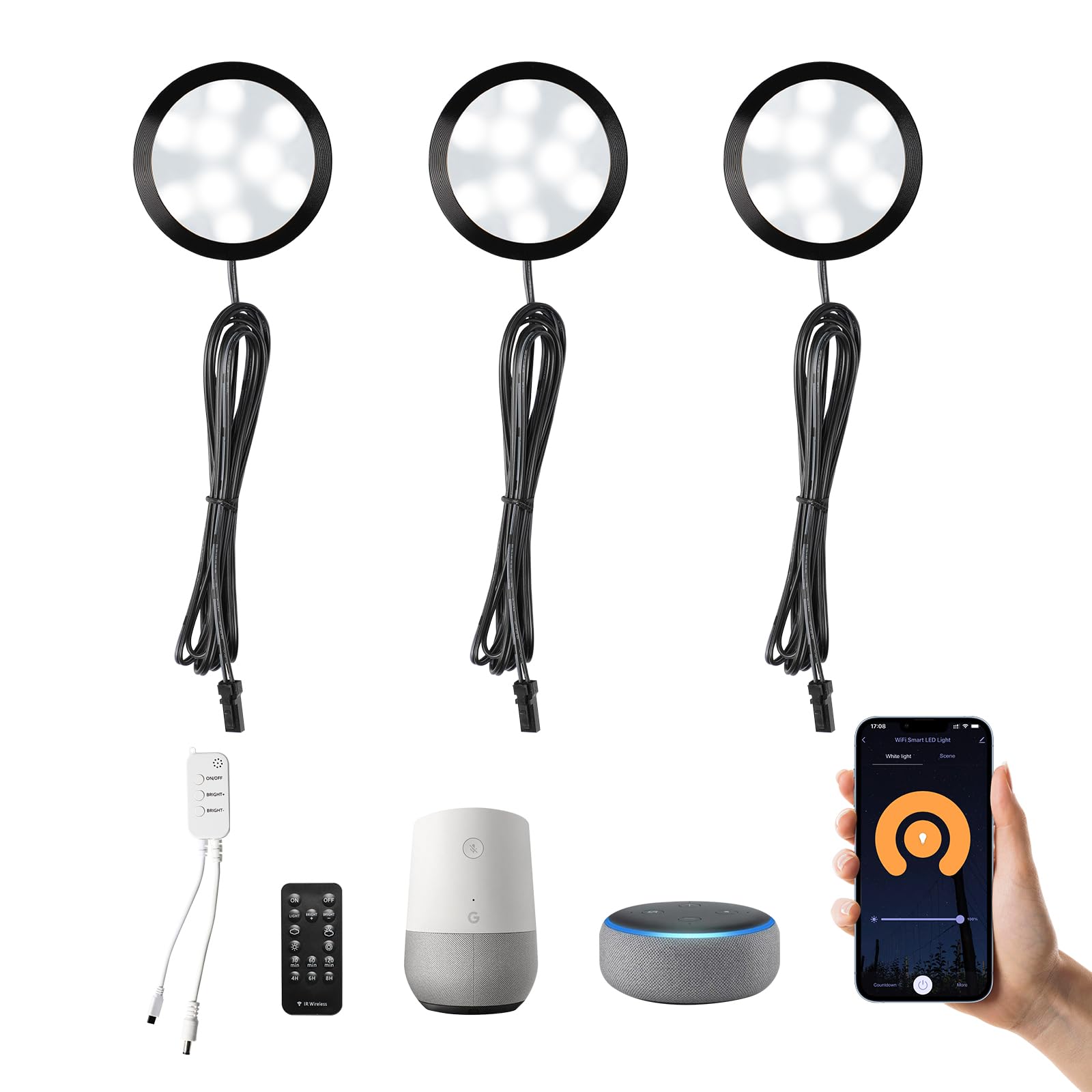 3 Pack Smart Under Cabinet Lights Hardwired,Dimmable LED Light for Kitchen Under Cabinet with Alexa Google V1171-CC-HW3CW-B-WIFI