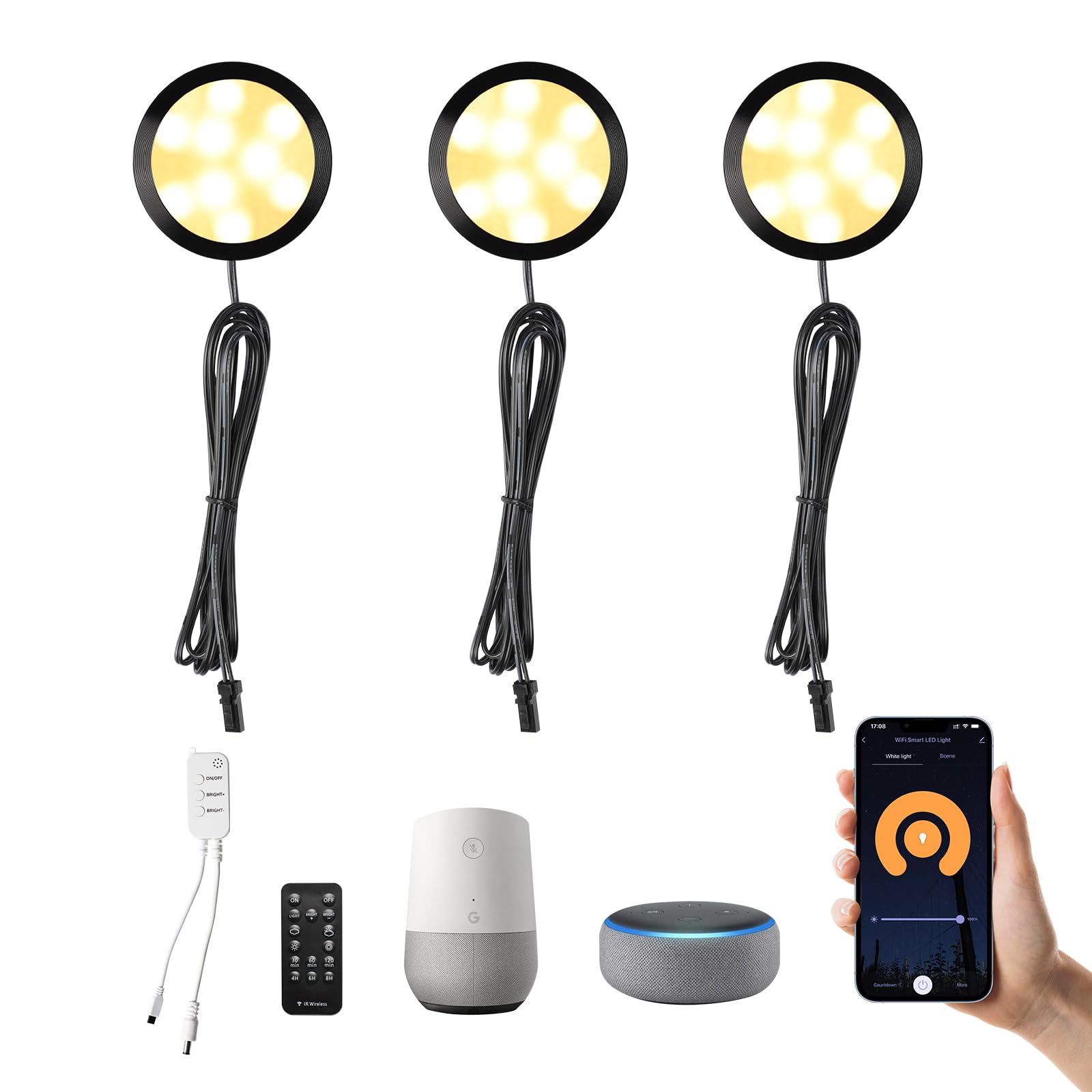 3 Pack Smart Under Cabinet Lights Hardwired,Dimmable LED Light for Kitchen Under Cabinet with Alexa Google V1171-CC-HW3WW-B-WIFI