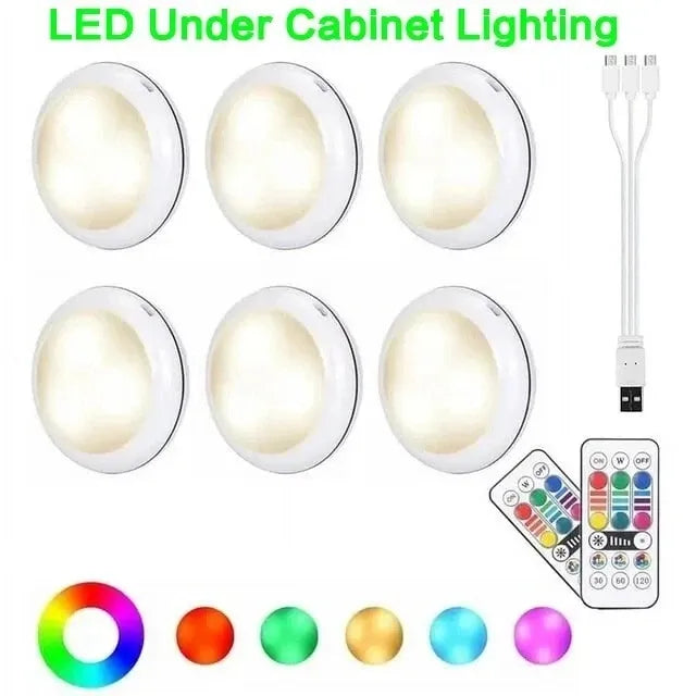 USB Rechangeable RGBW LED Cabinet Light Puck Lights 16Colors Timmer Remote Control 6 Pack V1171-CC-RGBW-6-CHARGE