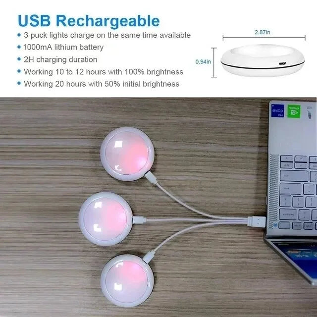 USB Rechangeable RGBW LED Cabinet Light Puck Lights 16Colors Timmer Remote Control 6 Pack V1171-CC-RGBW-6-CHARGE