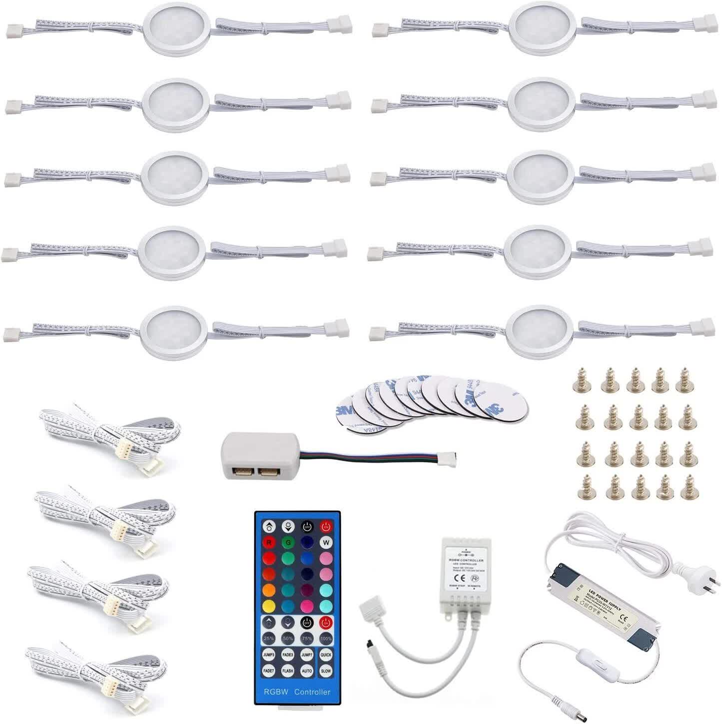 Under Counter LED Light Kit, RGBWW Under Cabinet Lighting, 10 Packs Colored Cabinet Lights with Wireless V1171-CC-RGBWW1024VAU