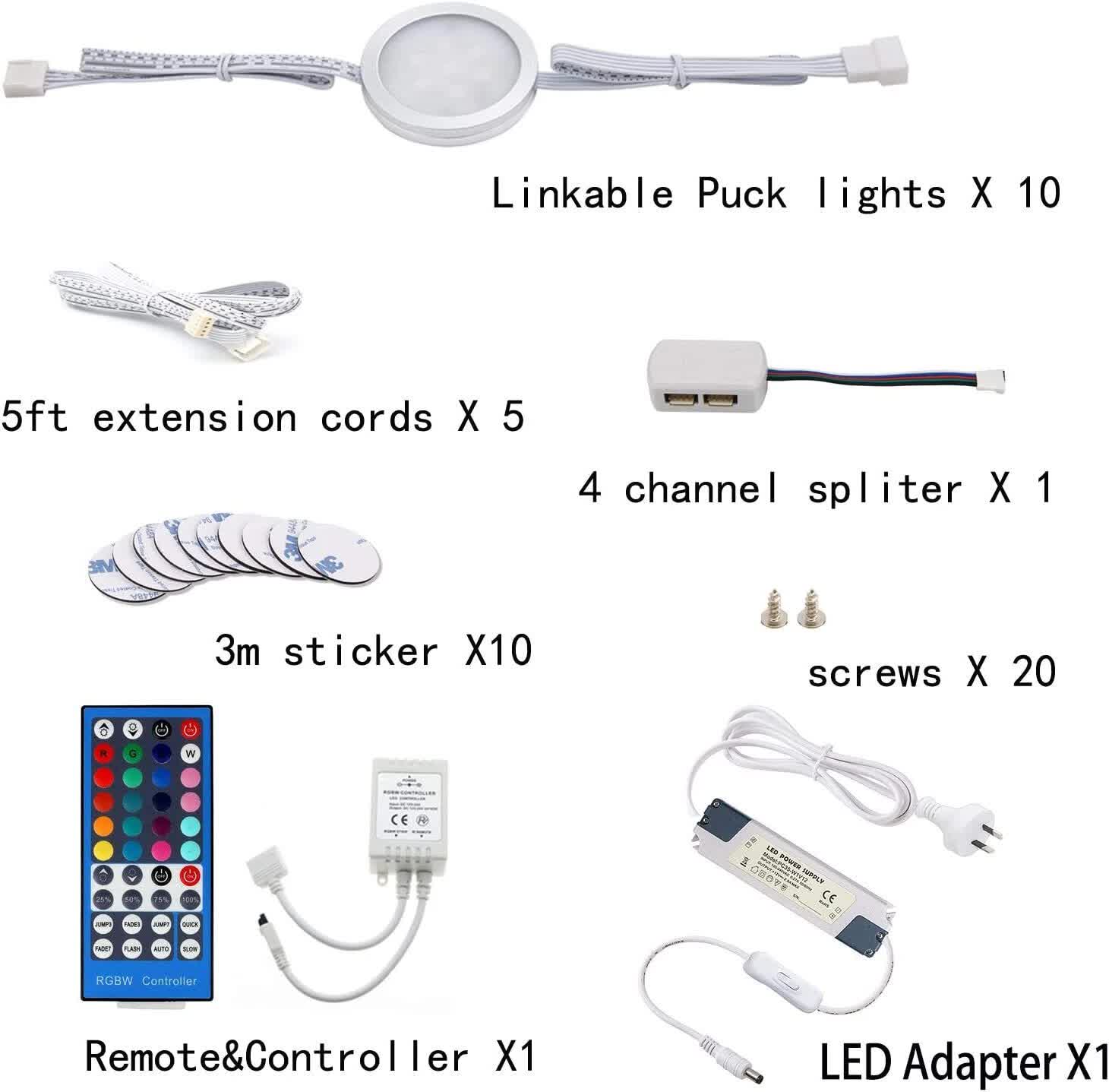 Under Counter LED Light Kit, RGBWW Under Cabinet Lighting, 10 Packs Colored Cabinet Lights with Wireless V1171-CC-RGBWW1024VAU