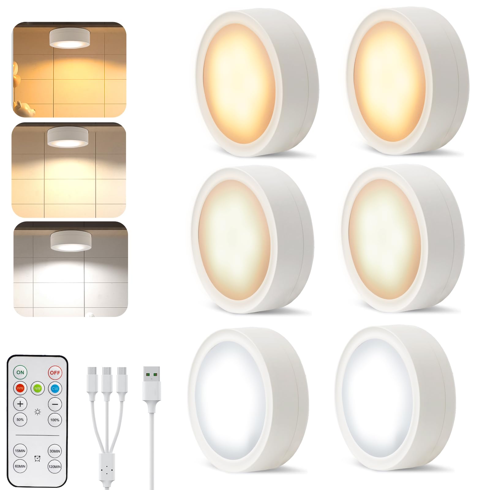 Pack of 6 Under-Unit Lights Kitchen LED Cabinet Lighting Wireless with Remote Control Cabinet Lighting V1171-CC-USB-CCT6-1-WHITE