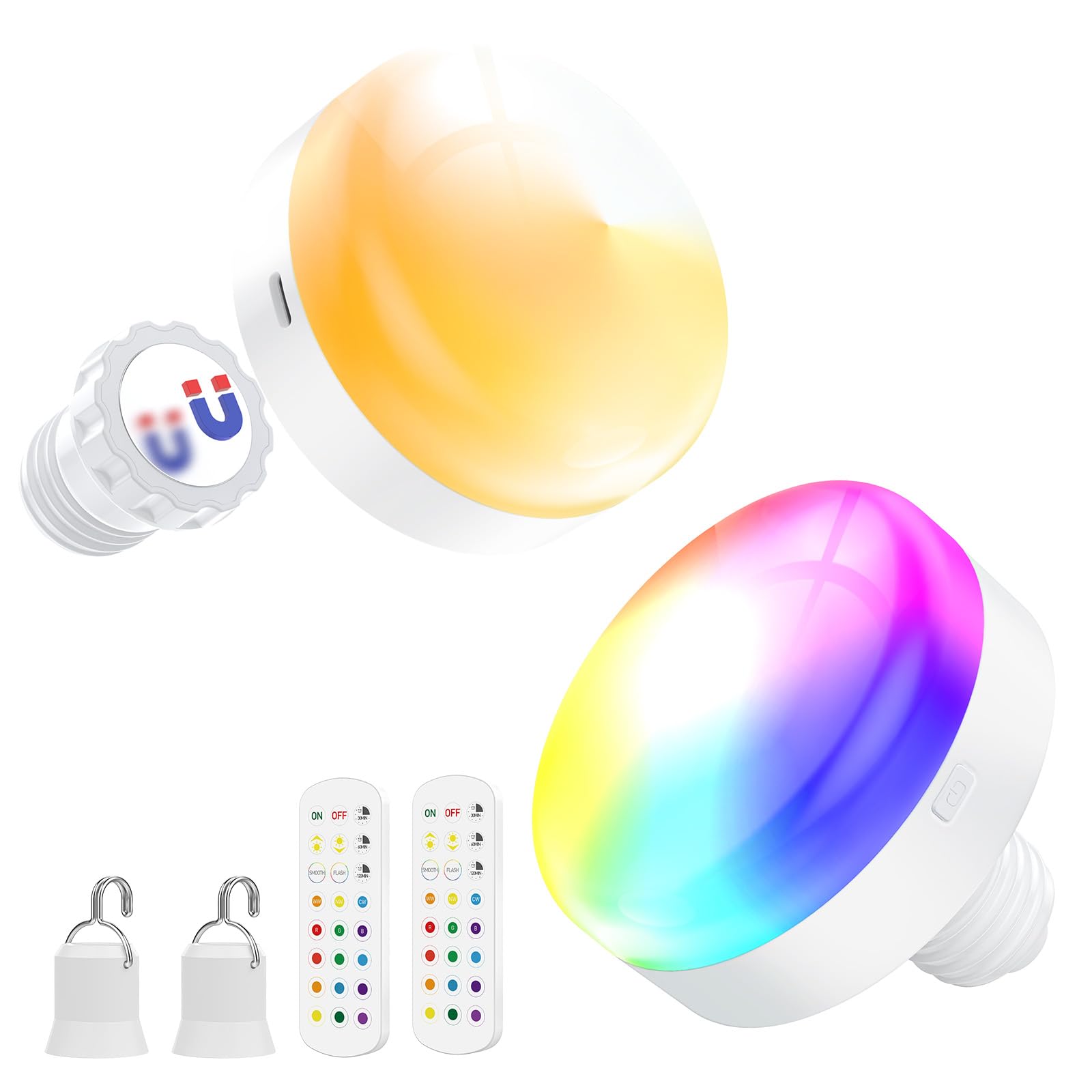 Battery Operated Light Bulbs, 5000mAh Rechargeable Light Bulb Set of 2 with Remote, 3 Colors 10 Levels V1171-CC-USB-RGB-CCT-CP-2