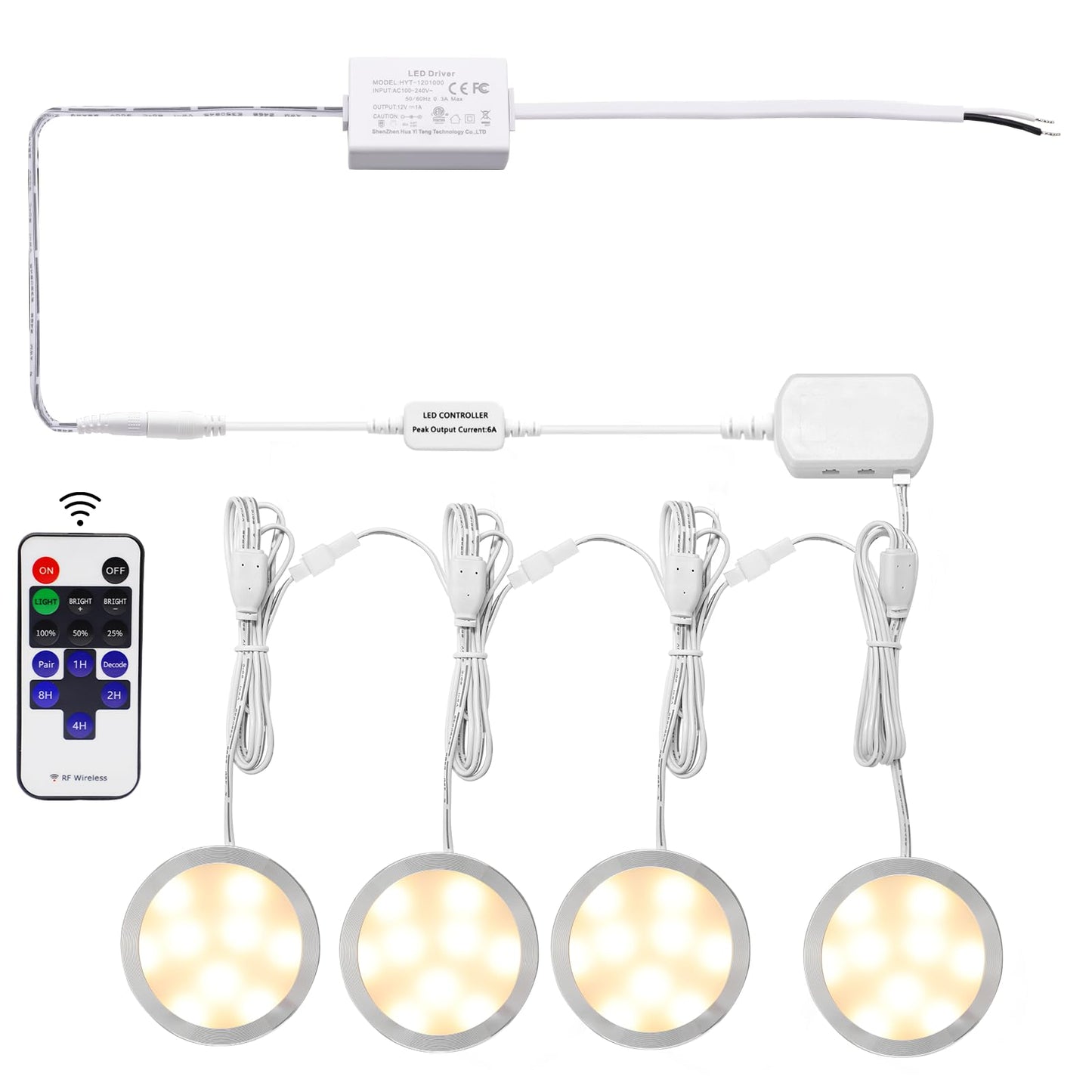 Linkable Under Cabinet LED Lighting 12V Dimmable Puck Lights Hardwired with Wireless RF Remote Control for V1171-CC-WW004-EU