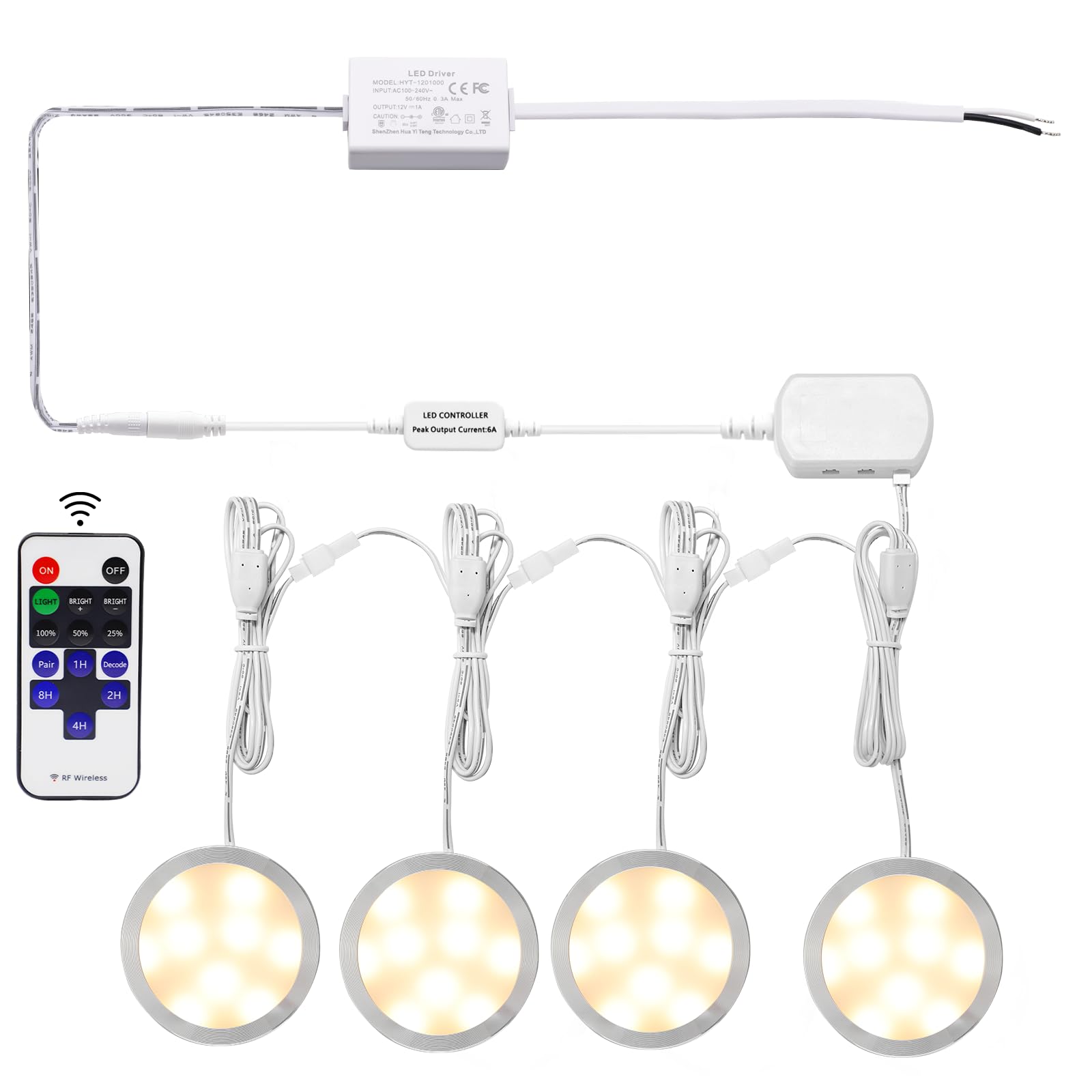 Linkable Under Cabinet LED Lighting 12V Dimmable Puck Lights Hardwired with Wireless RF Remote Control for V1171-CC-WW004-EU