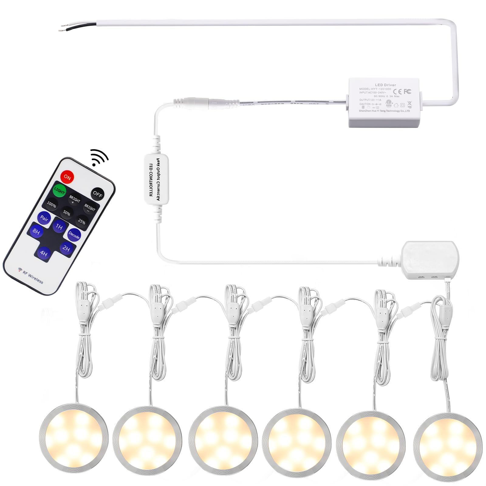 Linkable Under Cabinet LED Lighting 12V Dimmable Puck Lights Hardwired with Wireless RF Remote Control for V1171-CC-WW006-EU