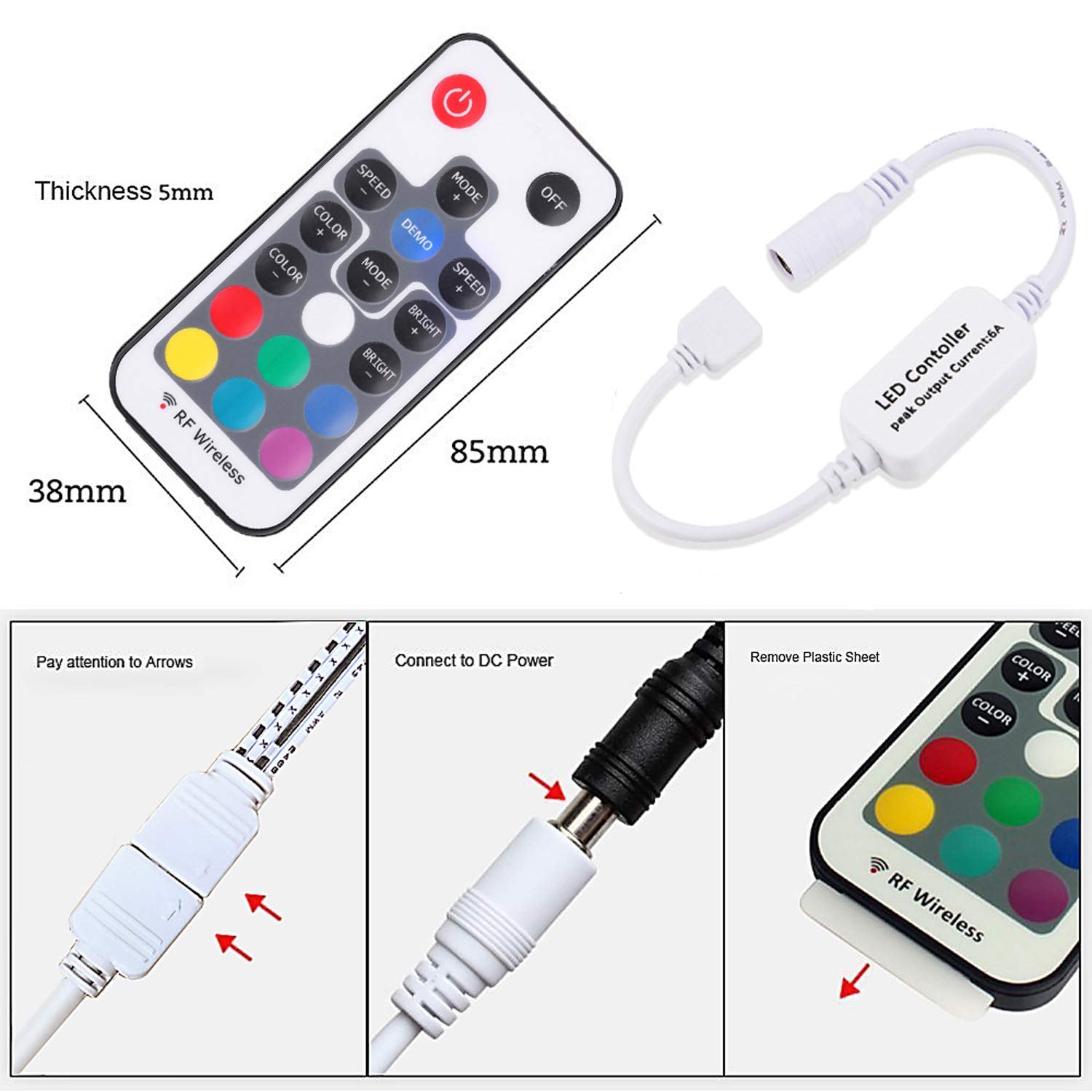 Mini Remote Controller for RGB Color LED Strip Lights, RF Dimmer for 12V DC LED Ribbon, LED Neon Sign, V1171-CP-300000160