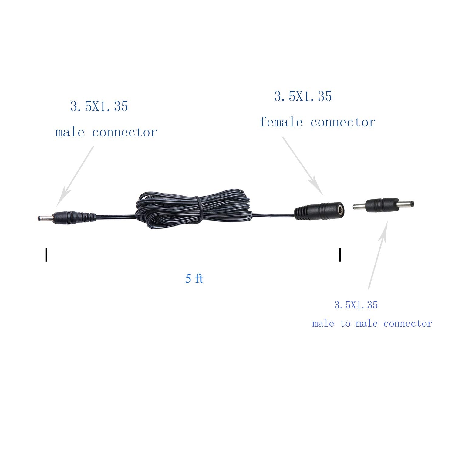 3.5X1.35 DC Connector for AIBOO Single White Kitchen Light Bar, 22AWG,Black Extension Cords,5ft.(3.5 X 1.35 V1171-CP-300000473