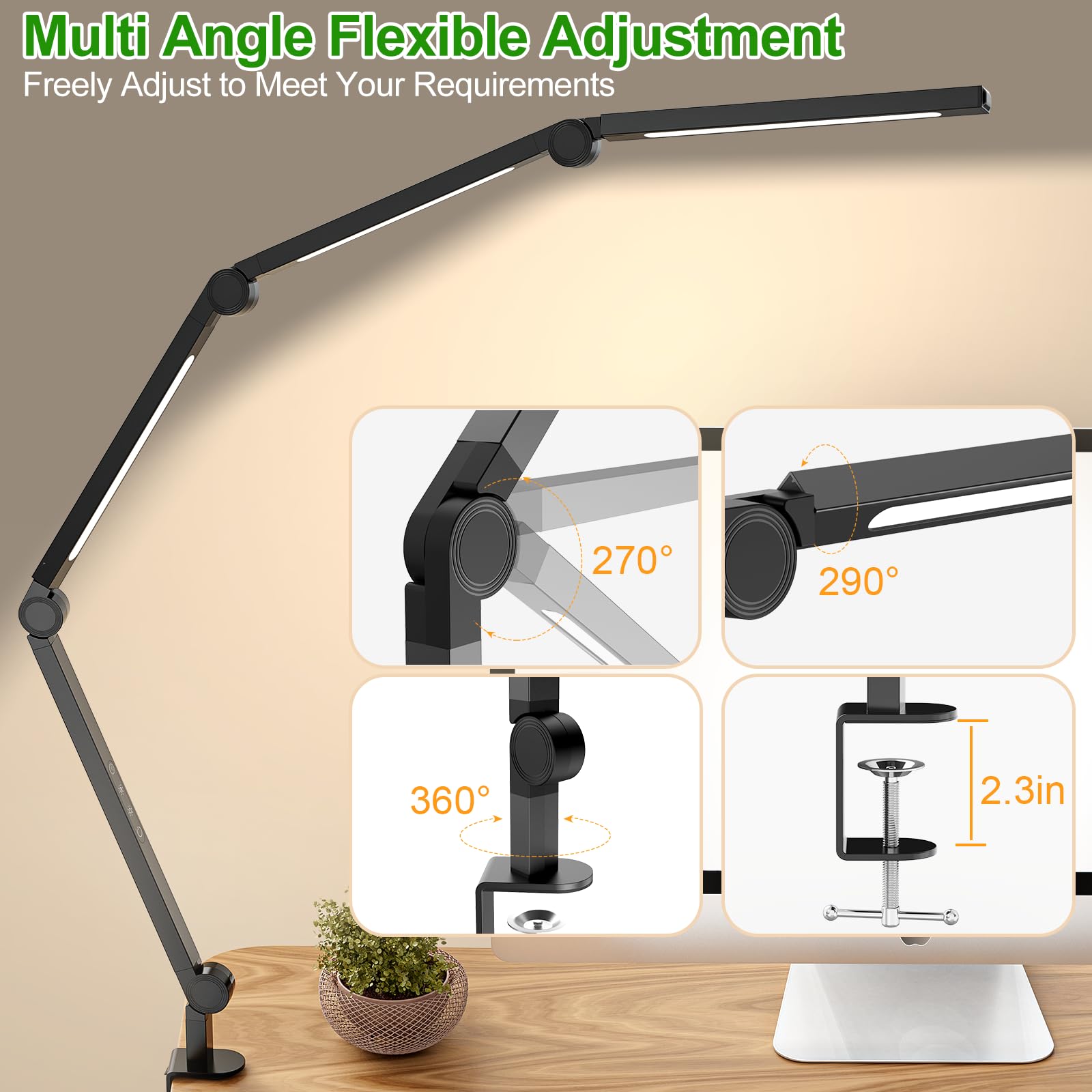 LED Desk Lamp,Foldable Table Lamp for Computer and Desktop,Flexible Clamp on Desk Lamps,Black Portable Desk V1171-CT-BOM000490