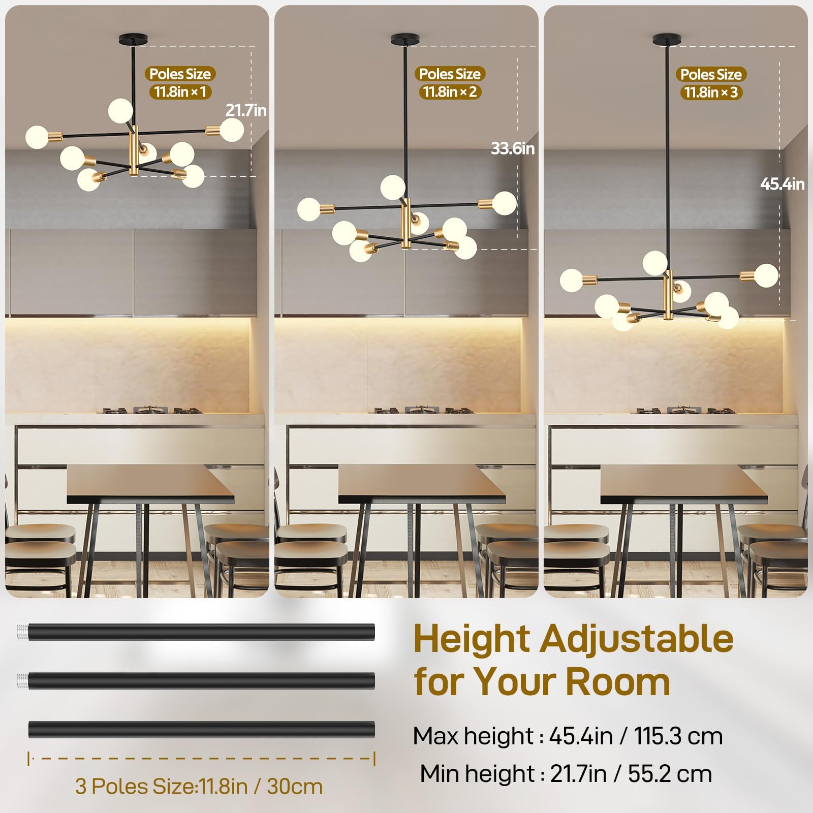 Modern Sputnik Chandelier 8 Lights Height Adjustable Ceiling Light Fixture Mid-Century Modern Gold Chandelier V1171-CX-BOM000425
