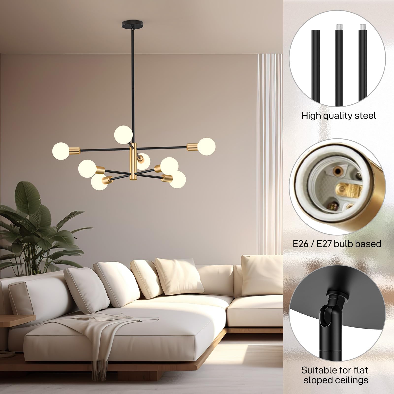 Modern Sputnik Chandelier 8 Lights Height Adjustable Ceiling Light Fixture Mid-Century Modern Gold Chandelier V1171-CX-BOM000425