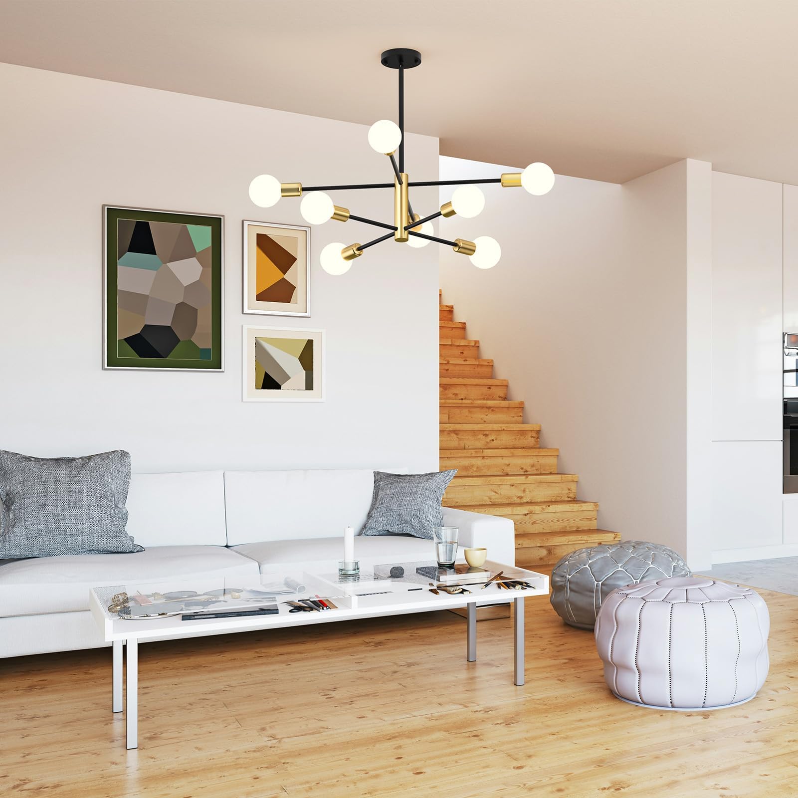 Modern Sputnik Chandelier 8 Lights Height Adjustable Ceiling Light Fixture Mid-Century Modern Gold Chandelier V1171-CX-BOM000425