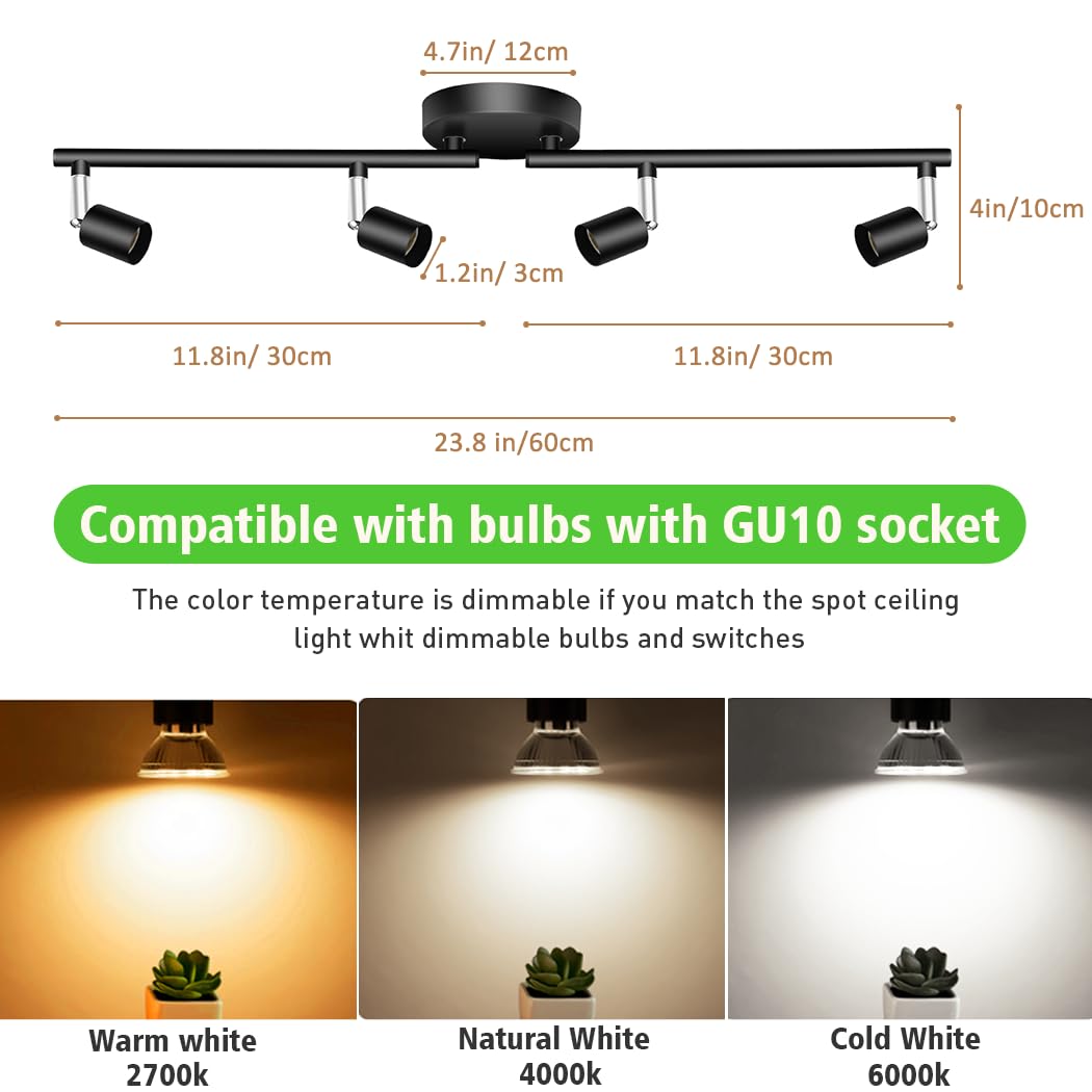 LED Ceiling Light,4 Way Rotatable Spot Lights for Ceiling,Flexible Ceiling Lights for Bedroom,Living Room, V1171-CX-TK4GU10B-RIHG