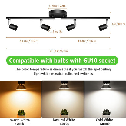 LED Ceiling Light,4 Way Rotatable Spot Lights for Ceiling,Flexible Ceiling Lights for Bedroom,Living Room, V1171-CX-TK4GU10B-RIHG