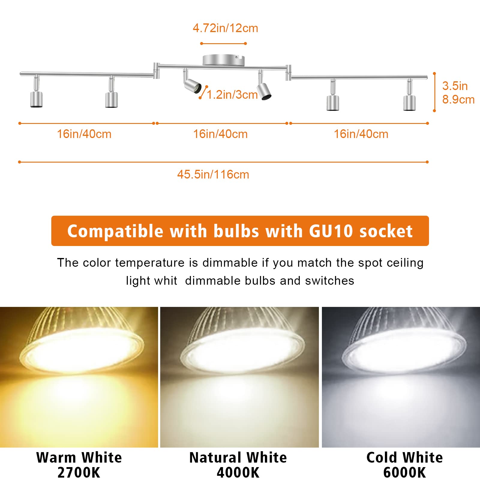 LED Ceiling Light 6 Way Rotatable Spot Lights for Ceiling,Flexible Ceiling Lights for Bedroom,Living V1171-CX-TK6GU10S-RIHG