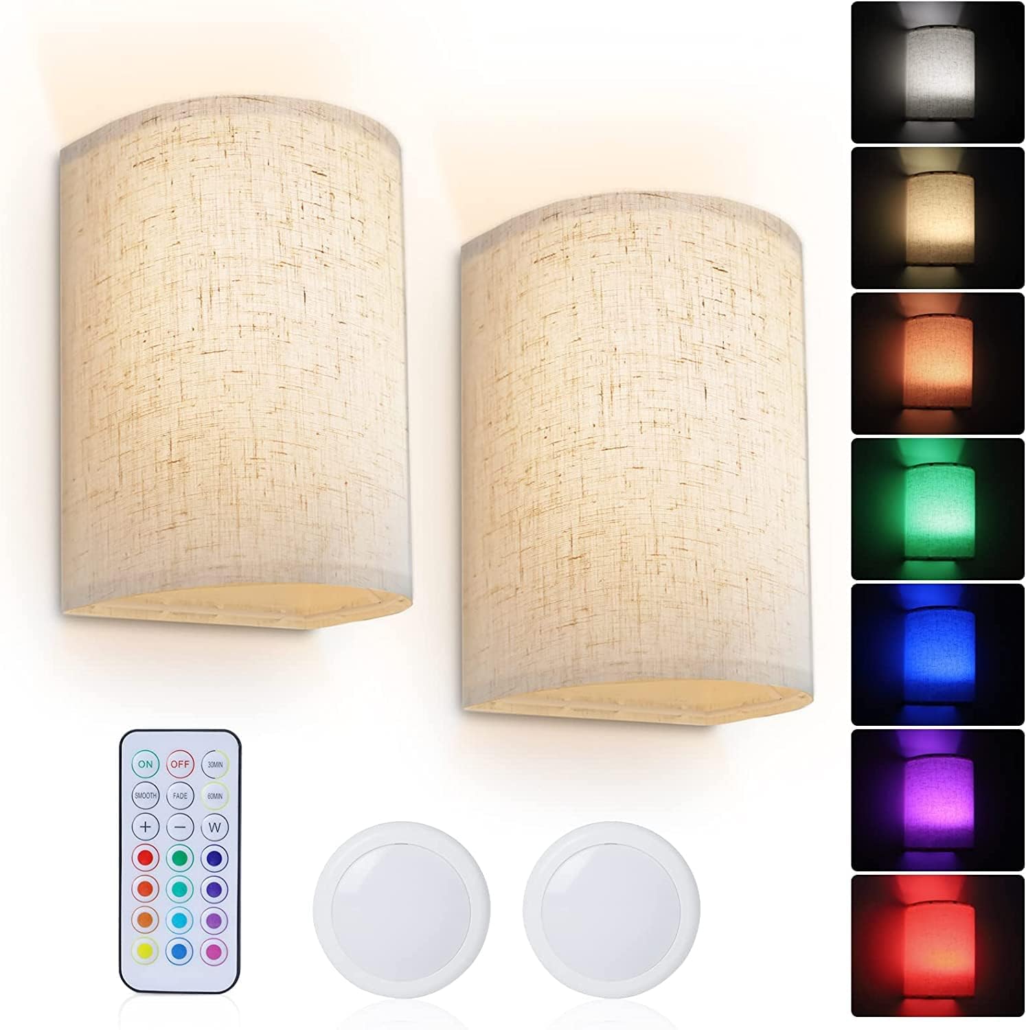 Battery Operated Wall Lights Indoor with Remote, Wireless LED Wall Lights with Fabric Shade, 12 Colors + Day V1171-CX-WL-BO-2