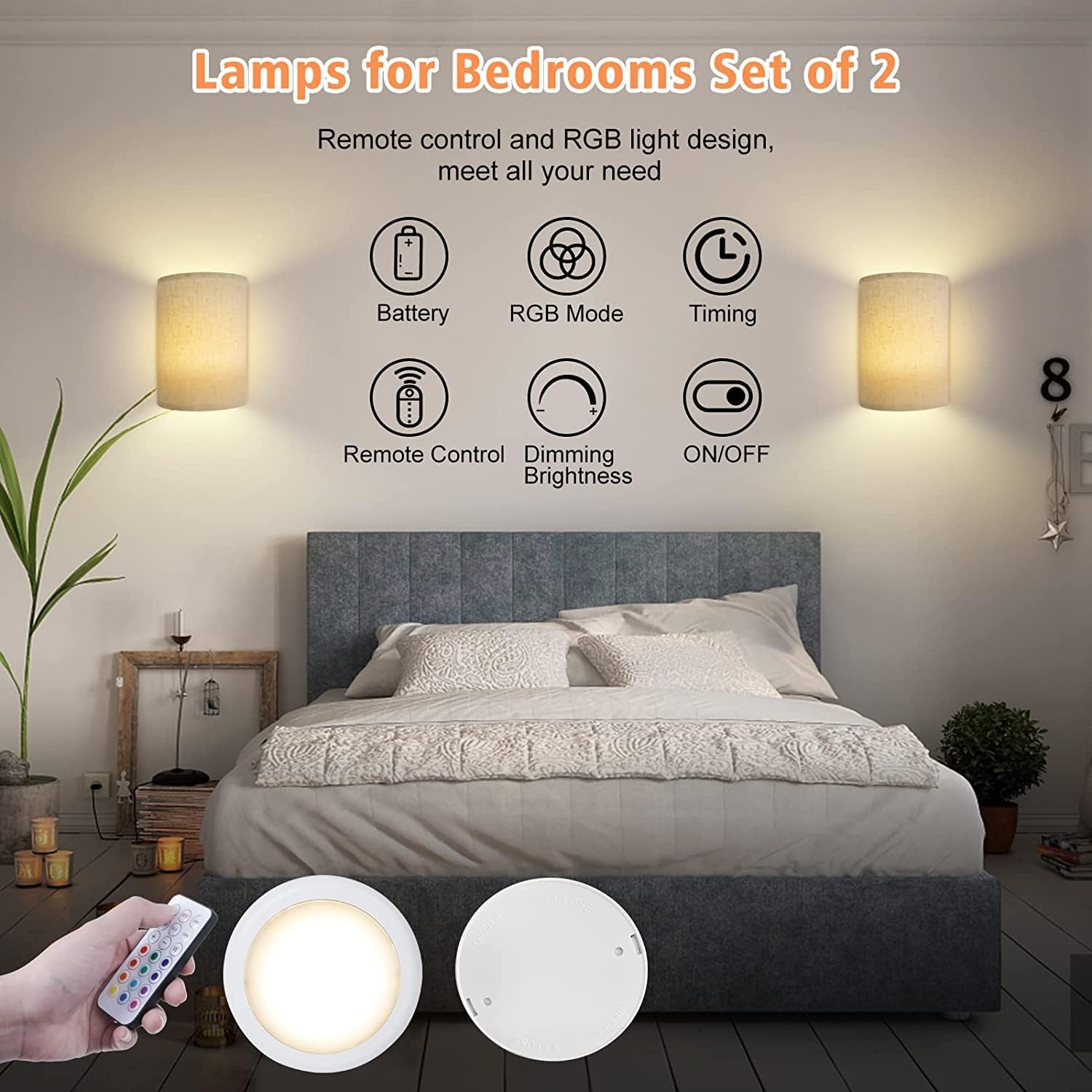Battery Operated Wall Lights Indoor with Remote, Wireless LED Wall Lights with Fabric Shade, 12 Colors + Day V1171-CX-WL-BO-2
