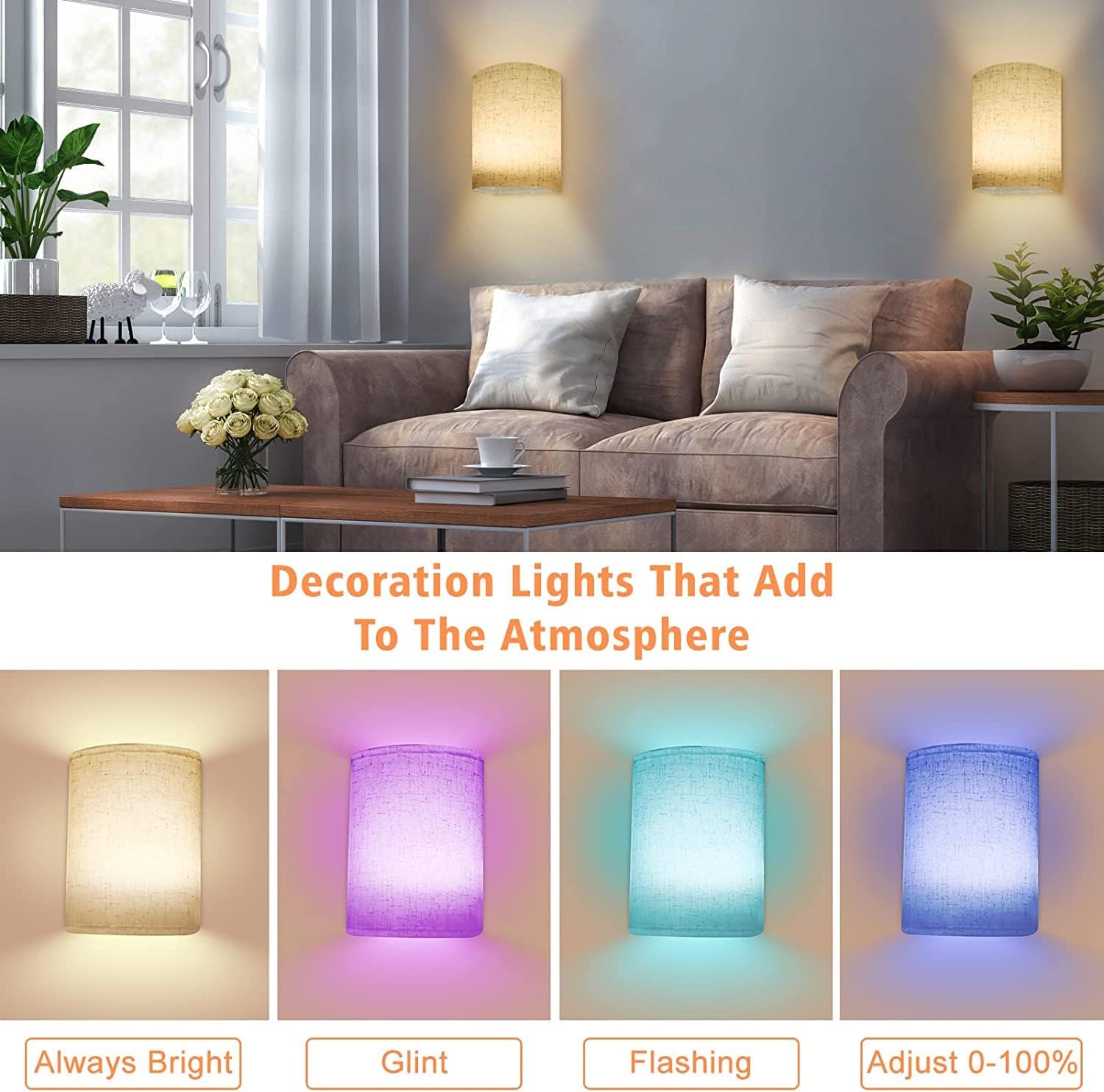 Battery Operated Wall Lights Indoor with Remote, Wireless LED Wall Lights with Fabric Shade, 12 Colors + Day V1171-CX-WL-BO-2