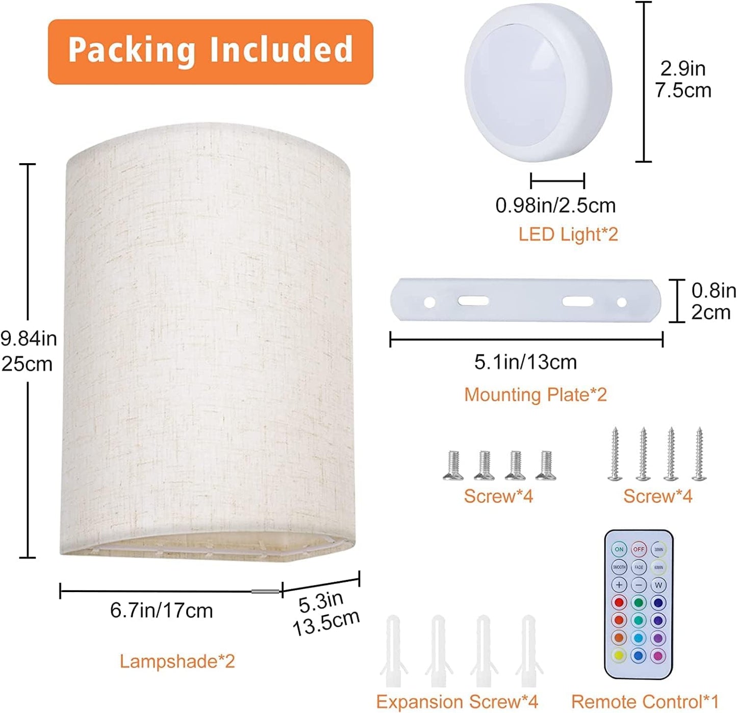 Battery Operated Wall Lights Indoor with Remote, Wireless LED Wall Lights with Fabric Shade, 12 Colors + Day V1171-CX-WL-BO-2