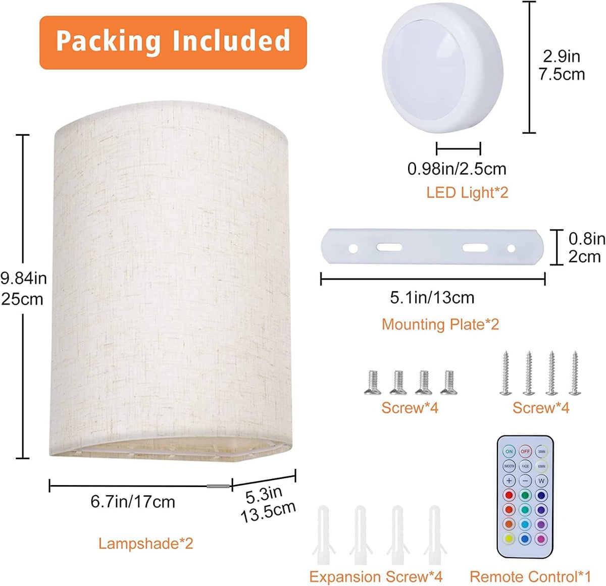 Battery Operated Wall Lights Indoor with Remote, Wireless LED Wall Lights with Fabric Shade, 12 Colors + Day V1171-CX-WL-BO-2