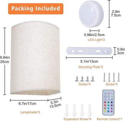 Battery Operated Wall Lights Indoor with Remote, Wireless LED Wall Lights with Fabric Shade, 12 Colors + Day V1171-CX-WL-BO-2