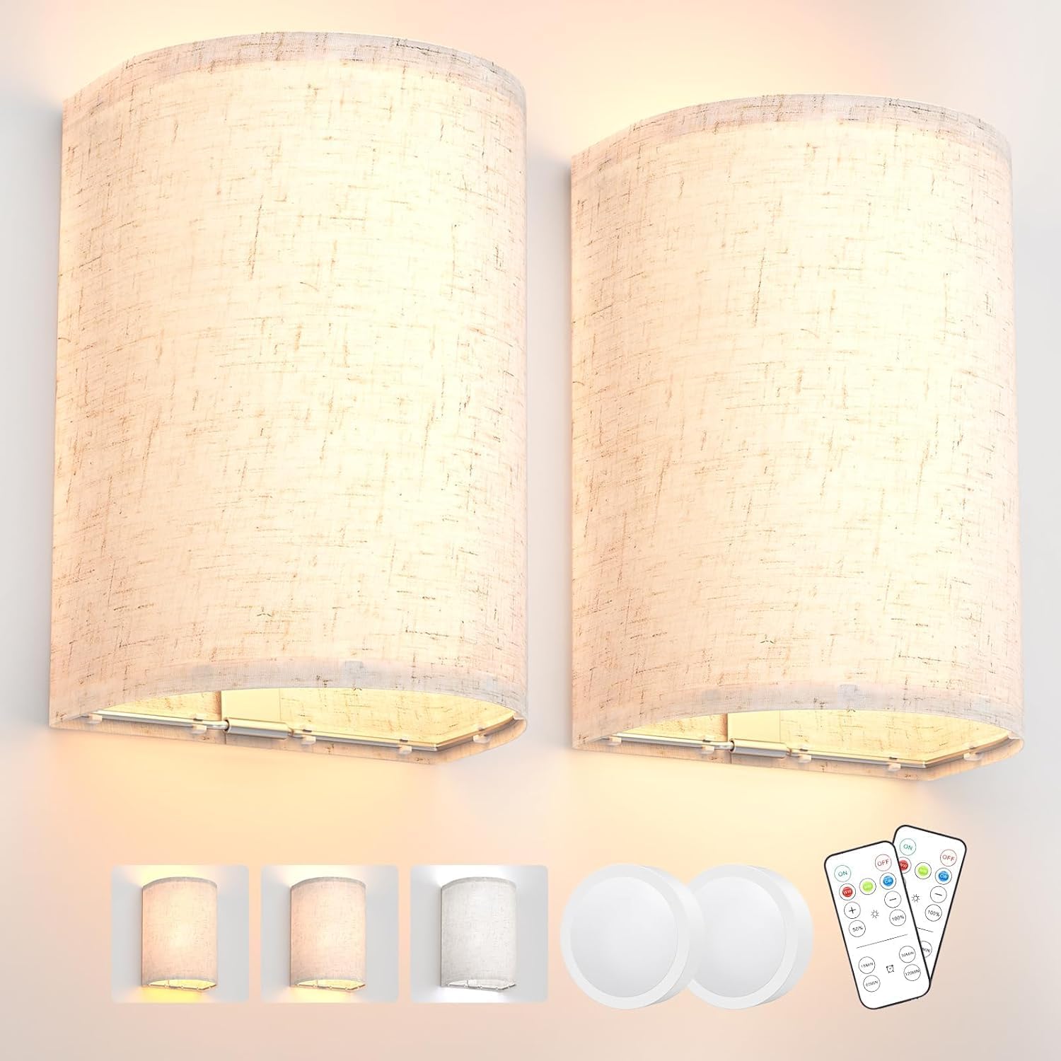 Battery Operated Wall Lights,2 Pack Wall Light Decor with Remote Control,3 Colors Dimmable Fabric Shade Wall V1171-CX-WL-MAGNET-CCT-BO-2