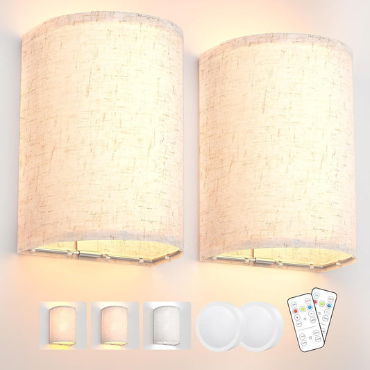 Battery Operated Wall Lights,2 Pack Wall Light Decor with Remote Control,3 Colors Dimmable Fabric Shade Wall V1171-CX-WL-MAGNET-CCT-BO-2