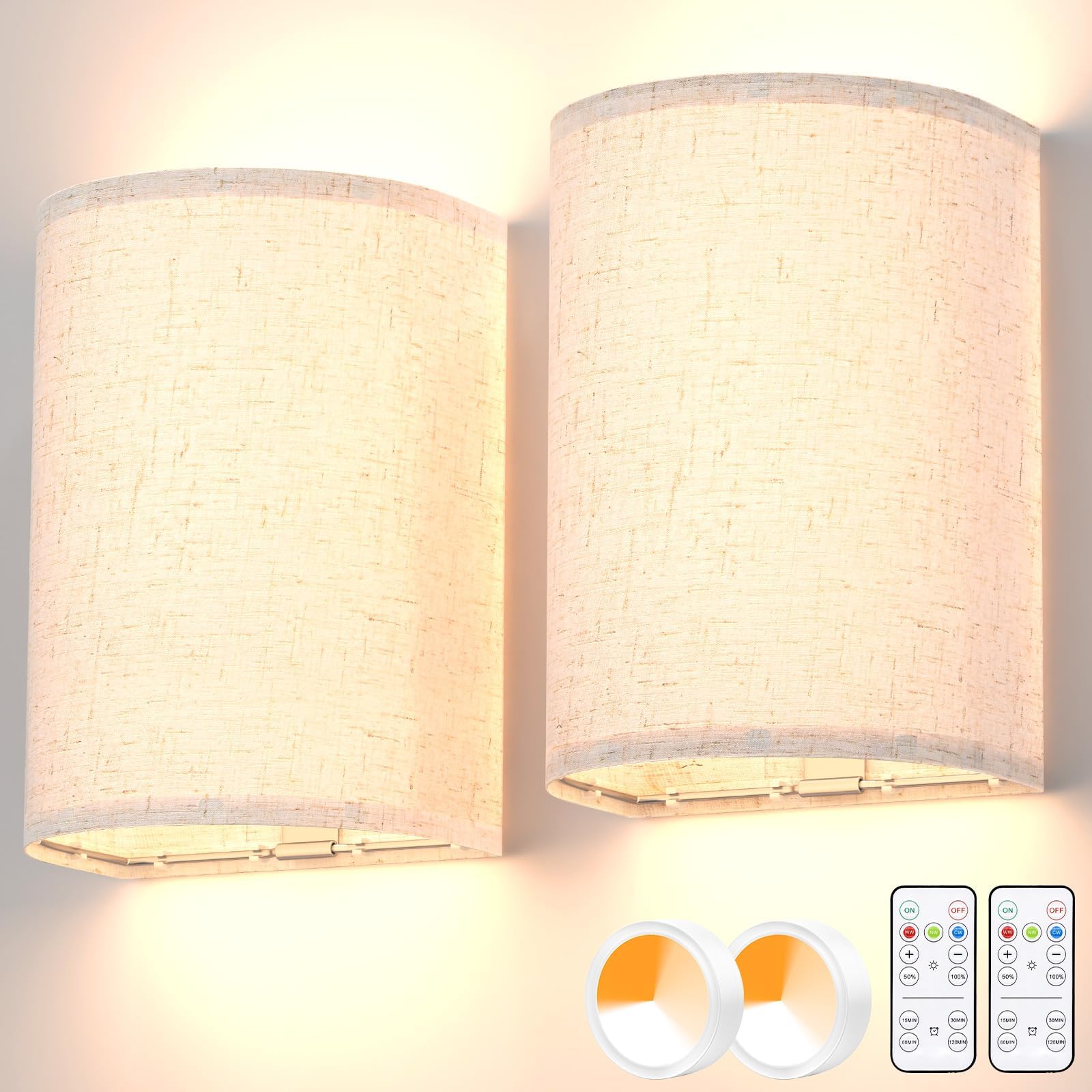 Battery Operated Wall Sconces Set of Two, Rechargeable Wall Lamp with Remote, 3 Colors Dimmable Fabric V1171-CX-WL-MAGNET-CCT-USB-2