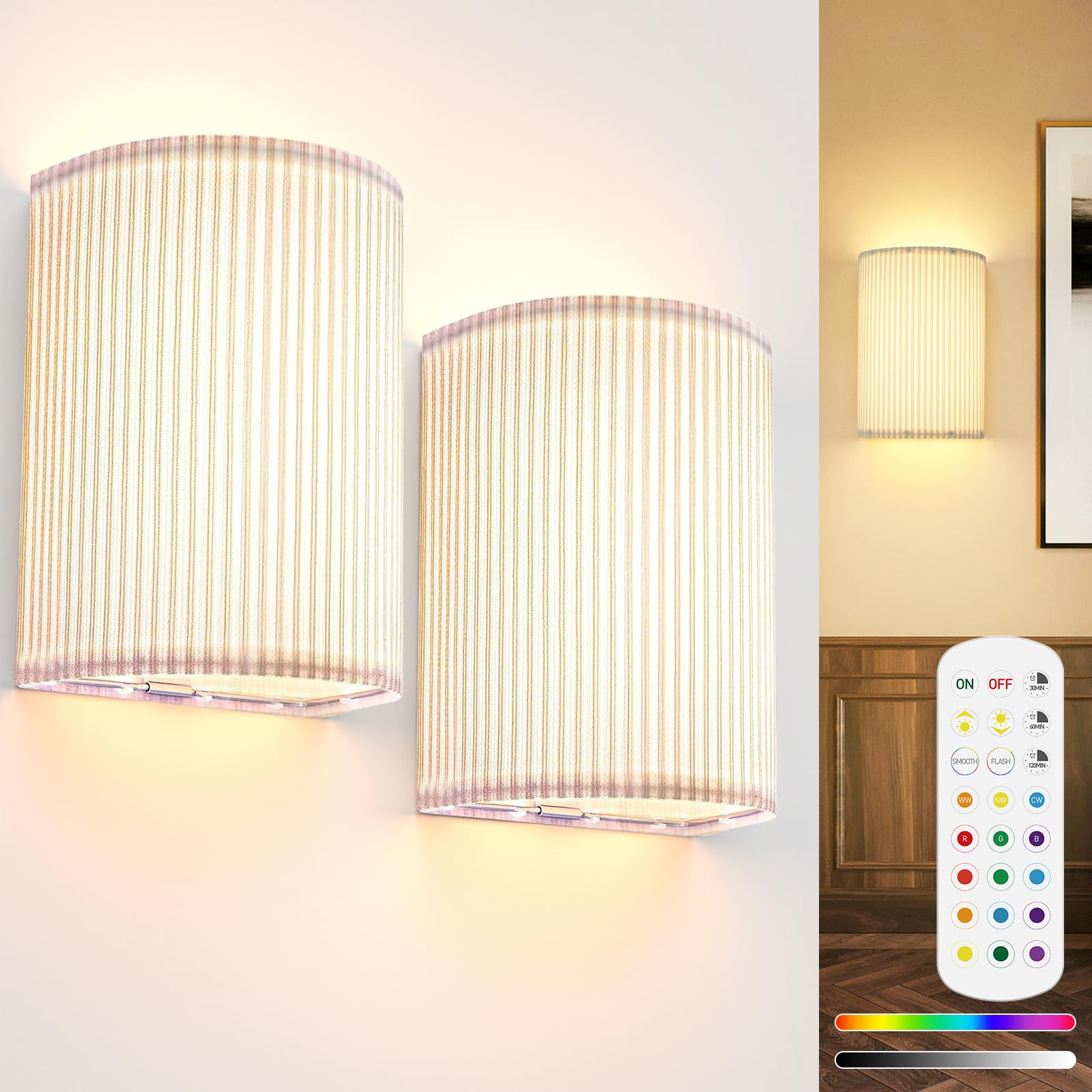 Battery Operated Wall Sconces Set of 2, 5000mAh Rechargeable RGB Wall Lamp with Remote, 3 Colors 10 Levels V1171-CX-WL-MAGNET-RGB-CCT-USB-2