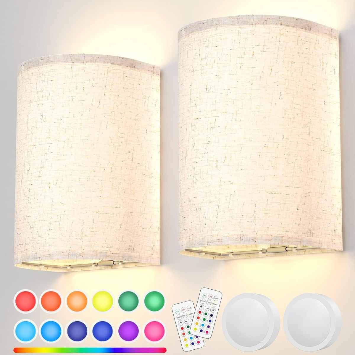 Wall Lights Set of 2, Battery Operated Fabric Sconce with Remote, LED Lamps in RGB+Warm White, Dimmable Timer V1171-CX-WL-MAGNET-RGB-USB-2