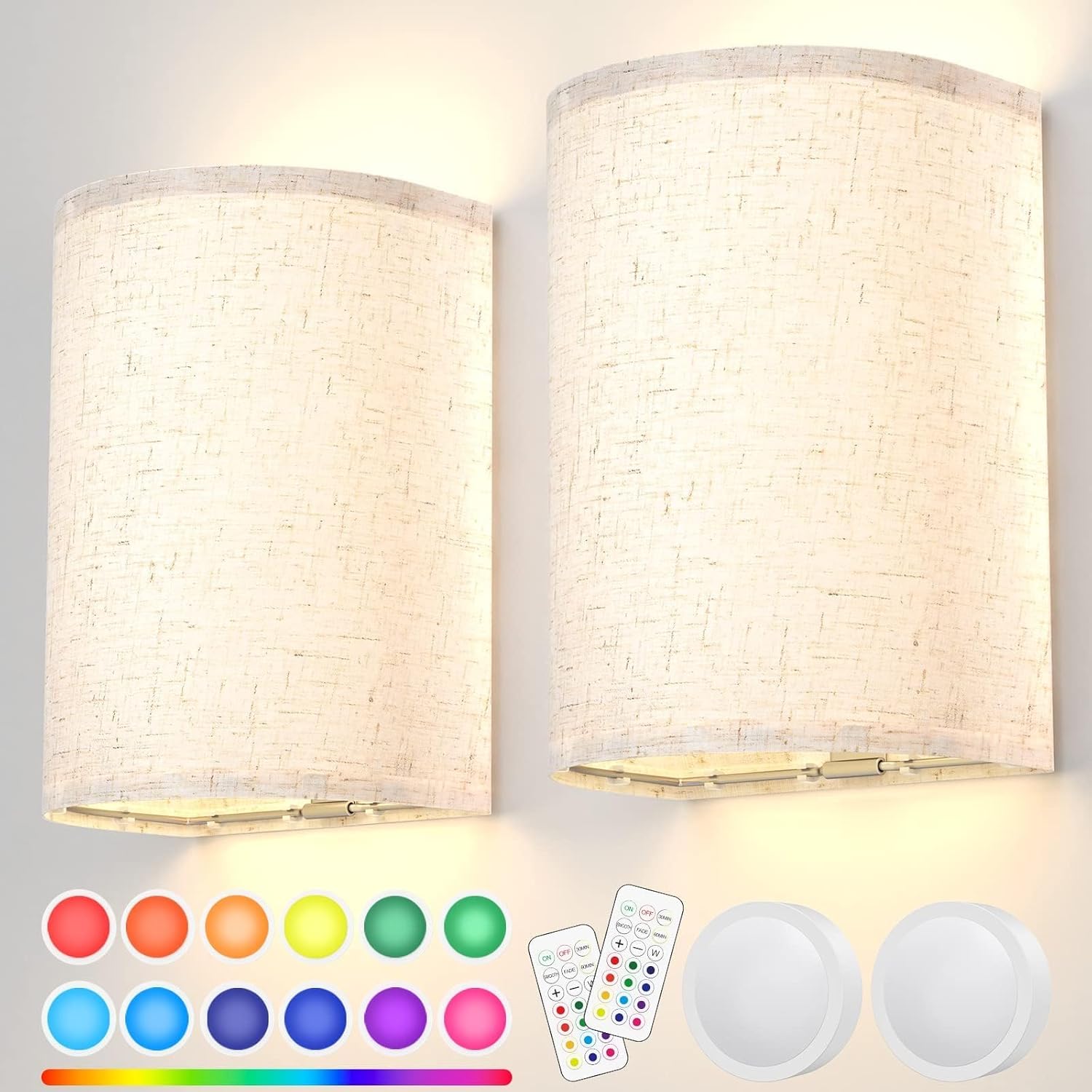 Wall Lights Set of 2, Battery Operated Fabric Sconce with Remote, LED Lamps in RGB+Warm White, Dimmable Timer V1171-CX-WL-MAGNET-RGB-USB-2