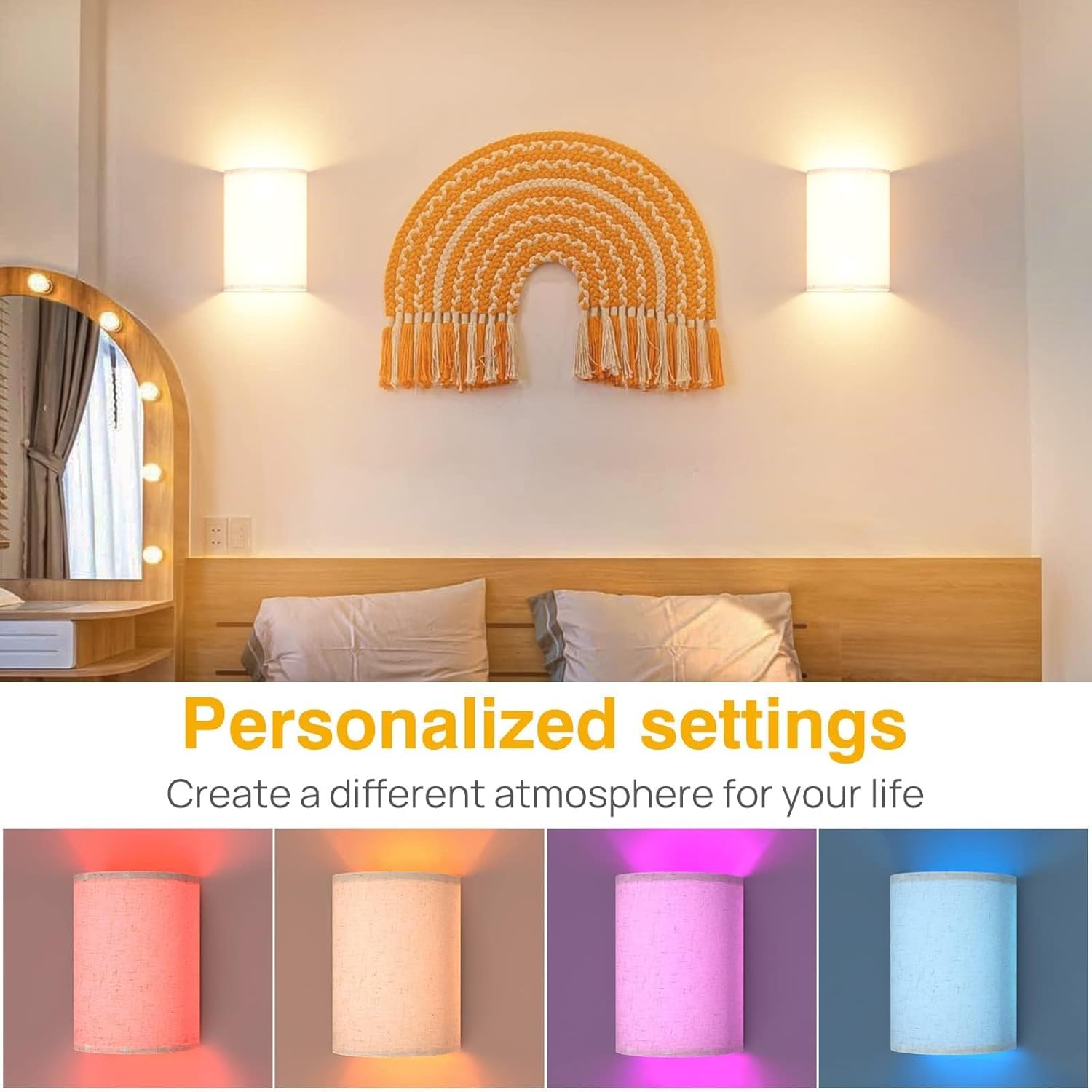 Wall Lights Set of 2, Battery Operated Fabric Sconce with Remote, LED Lamps in RGB+Warm White, Dimmable Timer V1171-CX-WL-MAGNET-RGB-USB-2