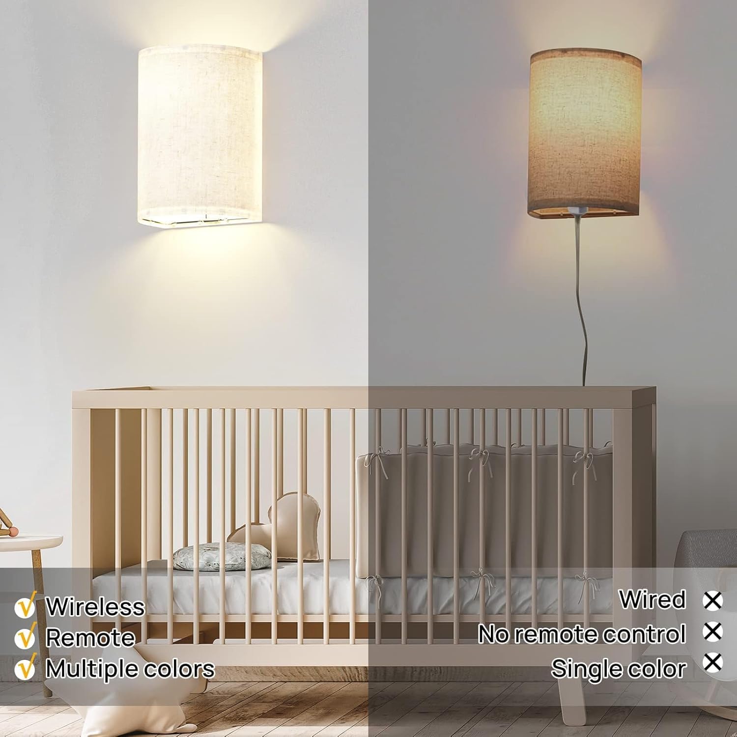Wall Lights Set of 2, Battery Operated Fabric Sconce with Remote, LED Lamps in RGB+Warm White, Dimmable Timer V1171-CX-WL-MAGNET-RGB-USB-2