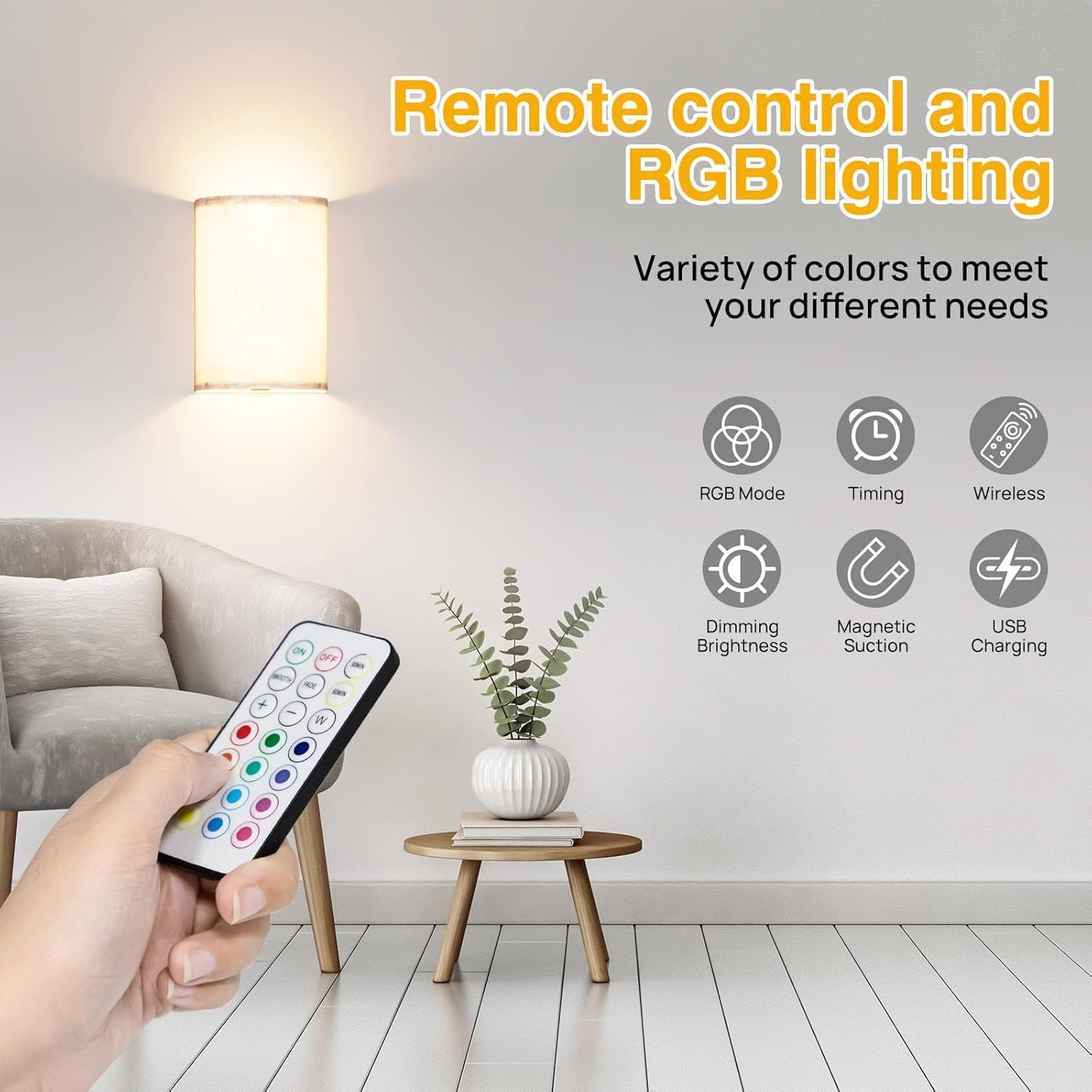 Wall Lights Set of 2, Battery Operated Fabric Sconce with Remote, LED Lamps in RGB+Warm White, Dimmable Timer V1171-CX-WL-MAGNET-RGB-USB-2