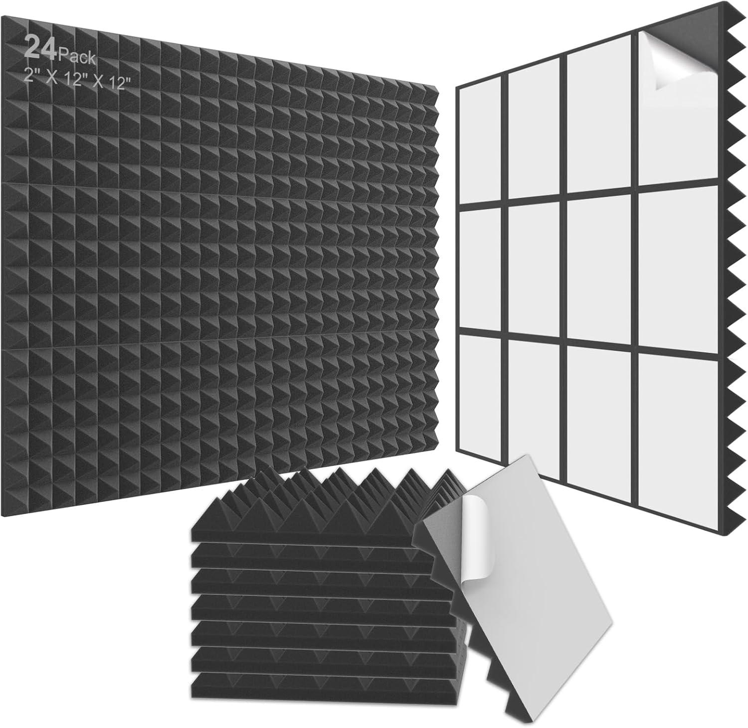 JBER Acoustic Panels Foam Pyramid 24pcs 30x30x5cm for Soundproof Padding Wall V1173-APFP2INBL-24