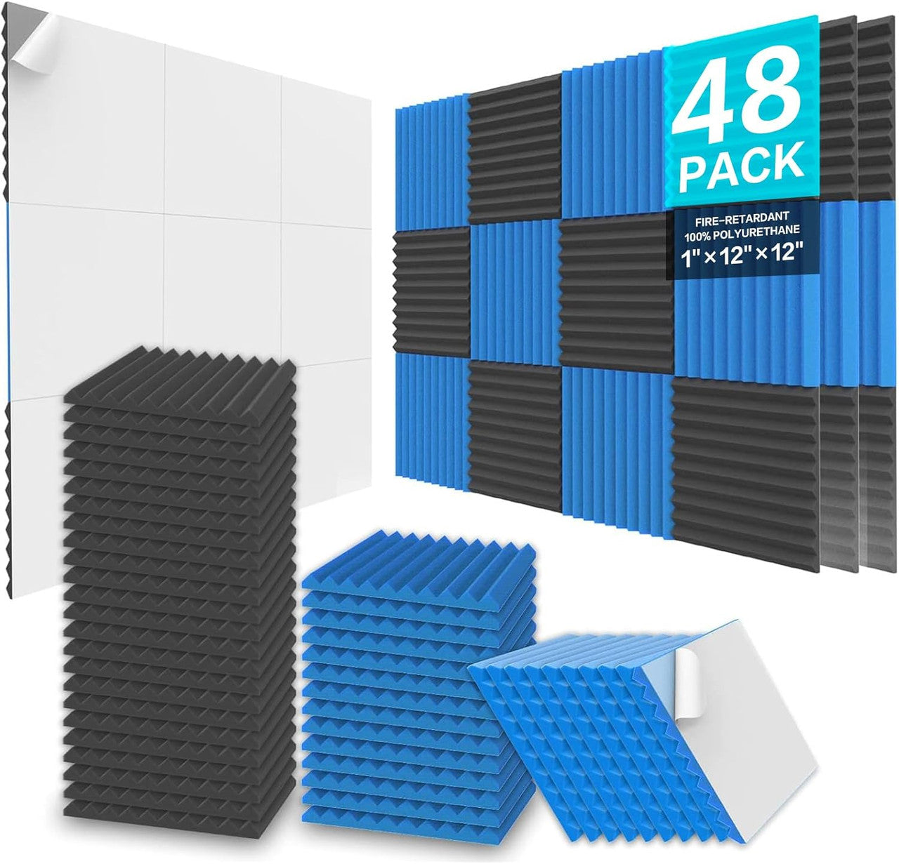 JBER Acoustic Panels Foam Wedges 48pcs 30x30x2.5cm for Soundproof Padding Wall Black&Blue V1173-APFW1INBB-48