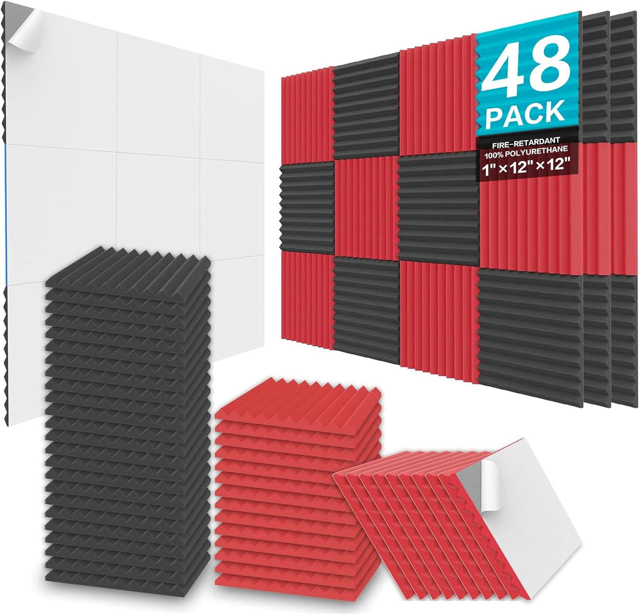 JBER Acoustic Panels Foam Wedges 48pcs 30x30x2.5cm for Soundproof Padding Wall Black&Red V1173-APFW1INBR-48
