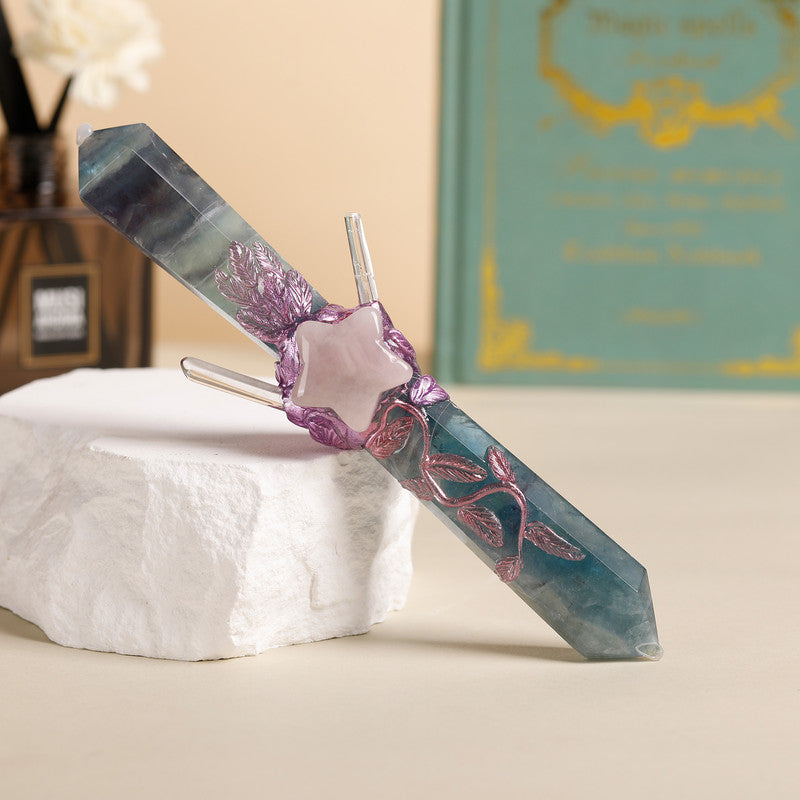 Handmade Crystal Wand Natural Stone Scepter Raw Gemstone Magic Wand Healing Tool Green Fluorite star pattern V1178-0500-QZLYX