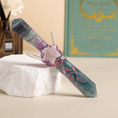 Handmade Crystal Wand Natural Stone Scepter Raw Gemstone Magic Wand Healing Tool Green Fluorite star pattern V1178-0500-QZLYX