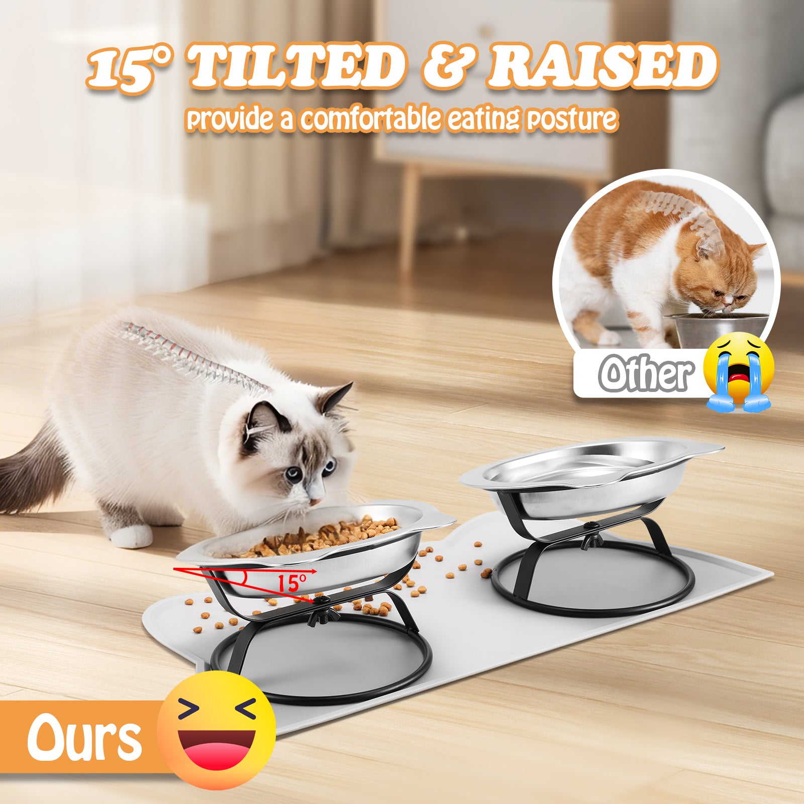 Elevated Cat Bowls with Food Mat & Metal Stand - 7.1" Wide Stainless Steel Whisker Friendly Dishes, 15 V1180-ZHAOWENYINUO-CATBOWLS01