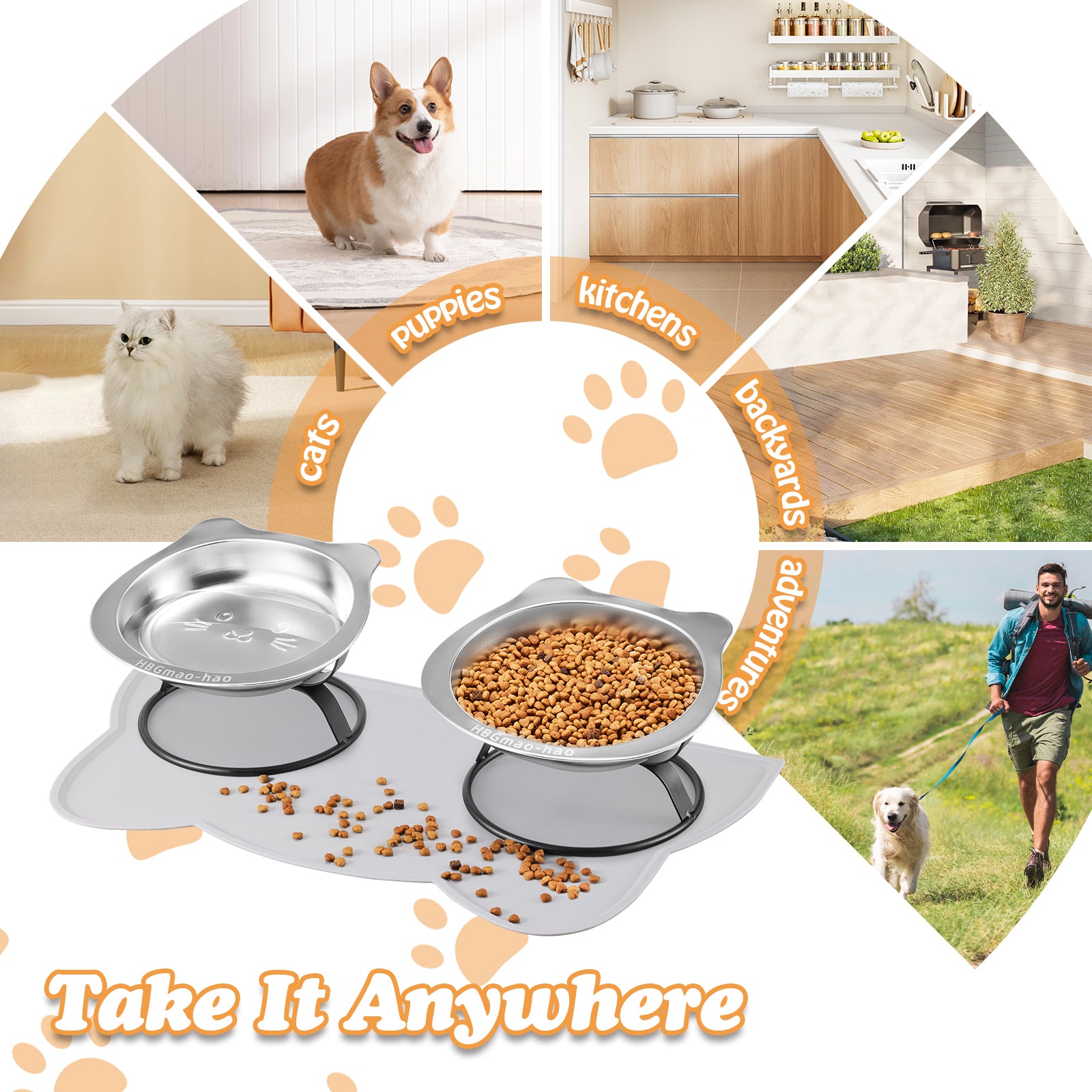 Elevated Cat Bowls with Food Mat & Metal Stand - 7.1" Wide Stainless Steel Whisker Friendly Dishes, 15 V1180-ZHAOWENYINUO-CATBOWLS01