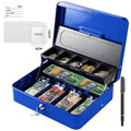 Lockable Cash Box with Coin Tray – Durable Metal Money Box with Key Lock for Bills & Change – Blue