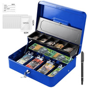 Lockable Cash Box with Coin Tray – Durable Metal Money Box with Key Lock for Bills & Change – Blue