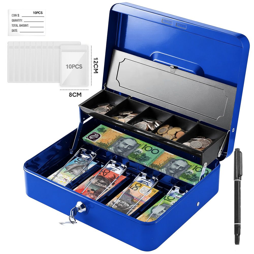 Lockable Cash Box with Coin Tray – Durable Metal Money Box with Key Lock for Bills & Change – Blue