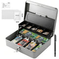 Lockable Cash Box with Coin Tray – Durable Metal Money Box with Key Lock for Bills & Change – Grey