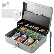 Lockable Cash Box with Coin Tray – Durable Metal Money Box with Key Lock for Bills & Change – Grey