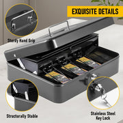 Lockable Cash Box with Coin Tray – Durable Metal Money Box with Key Lock for Bills & Change – Grey